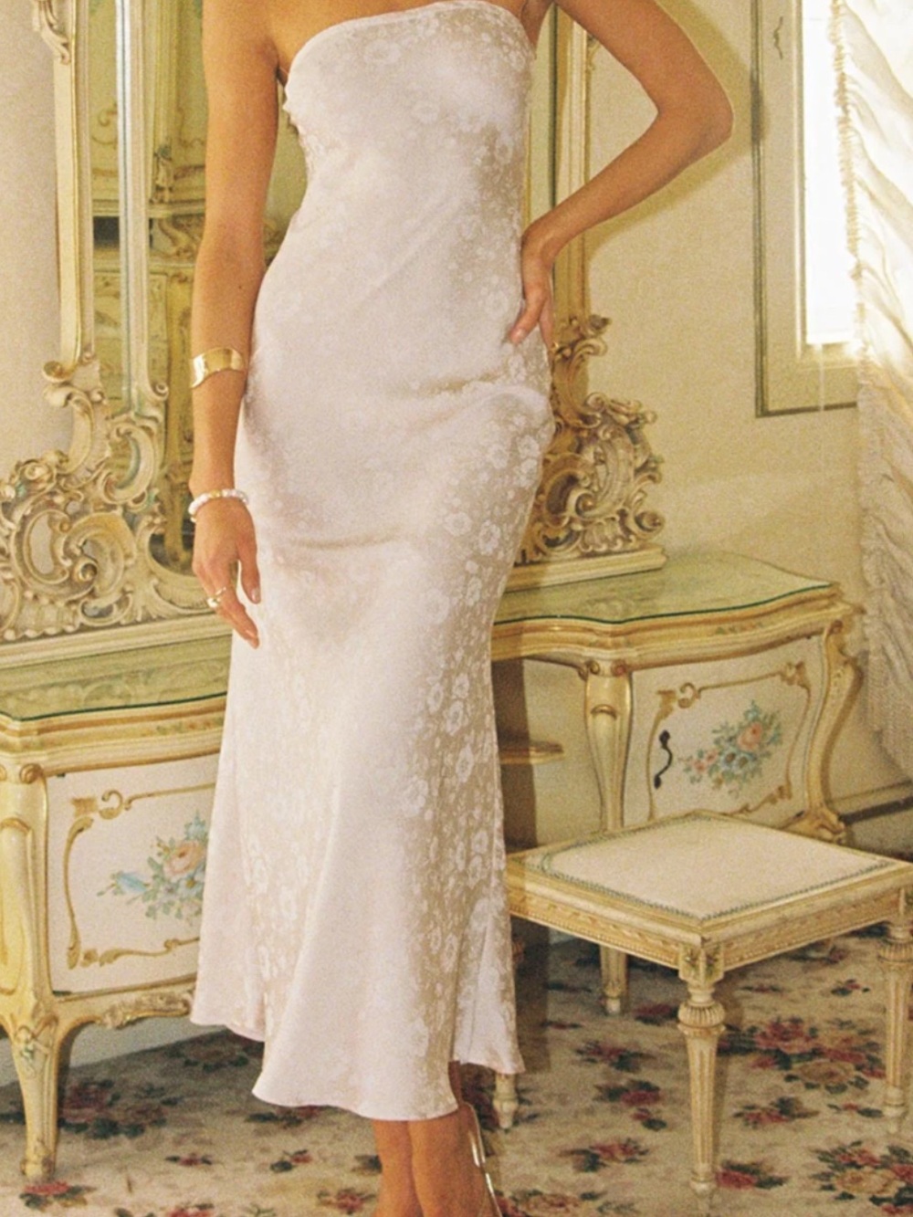 Princess Polly Salvin Strapless Maxi Dress Champagne Cream Floral Satin Dress